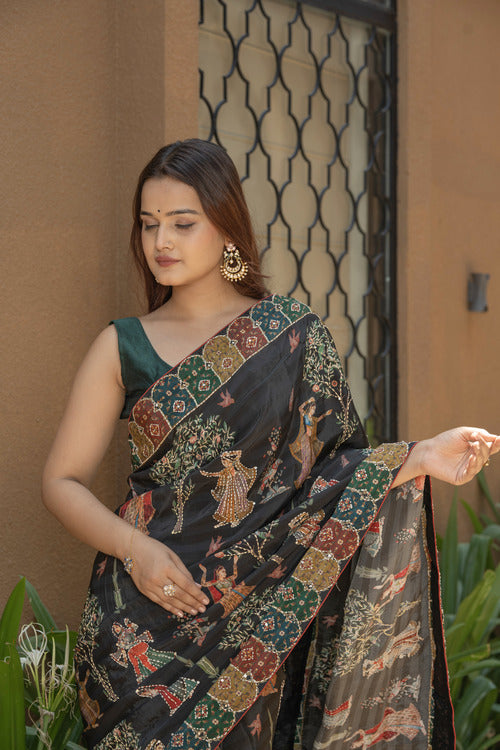 Black Italian Silk Saree with Katha Work