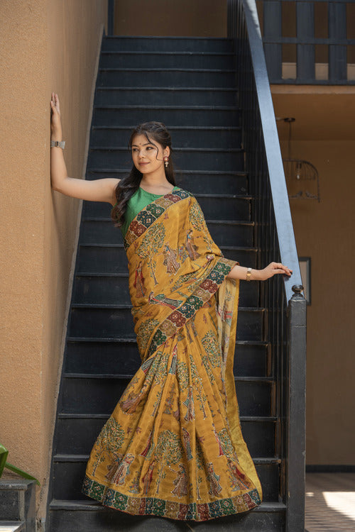 Mustard Italian Silk Saree with Katha Work