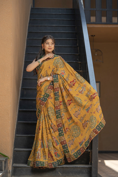 Mustard Italian Silk Saree with Katha Work