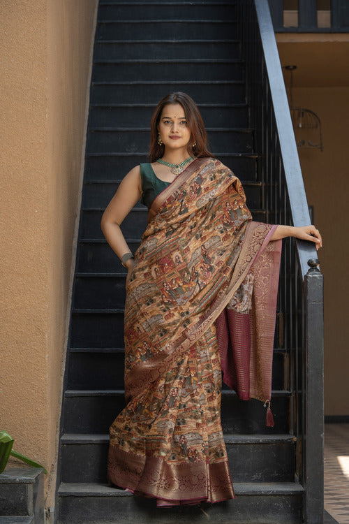 Stylish Ivory Dusty Silk Saree With Digital Print