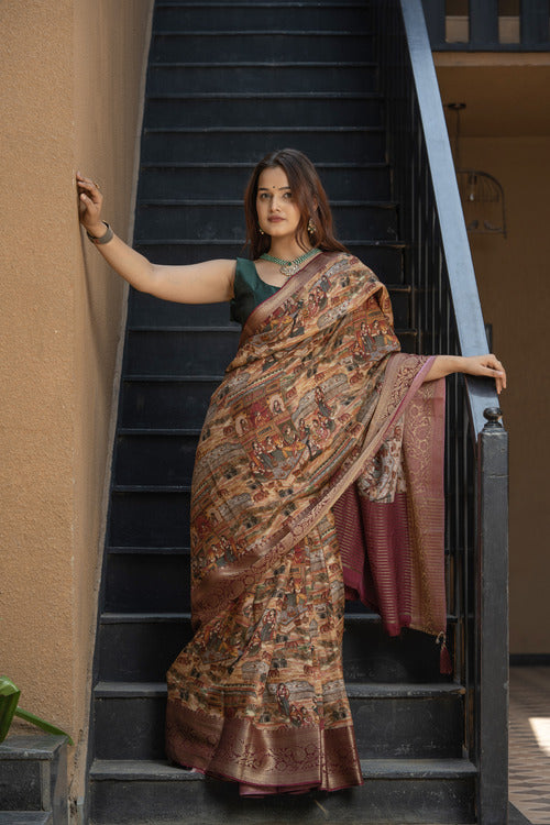 Stylish Ivory Dusty Silk Saree With Digital Print