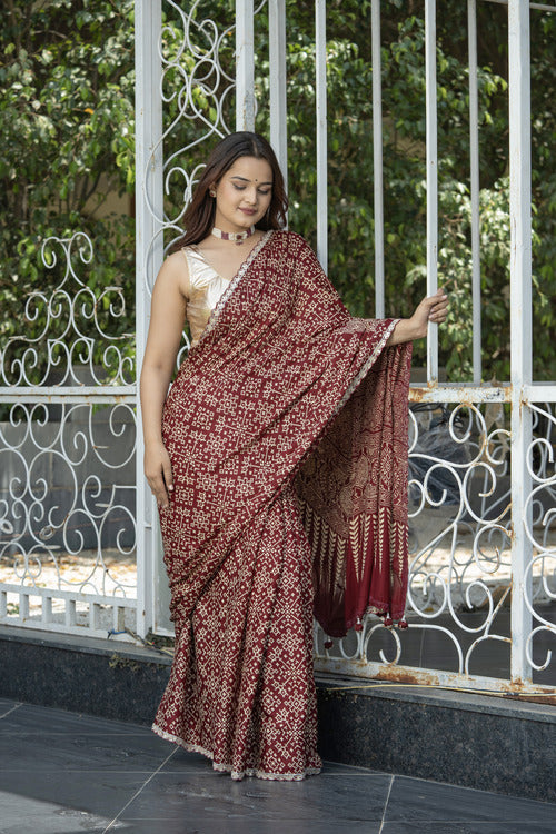 Stylish Dark Wine Silk Saree with Gota and Katdana Details