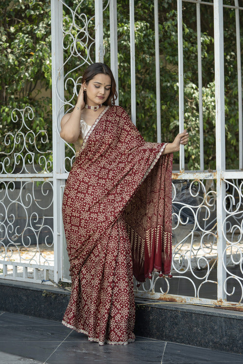 Stylish Dark Wine Silk Saree with Gota and Katdana Details