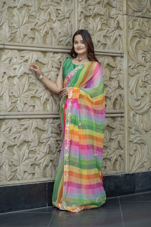 Multi-Color Georgette Aari-Tari Gota Work Saree