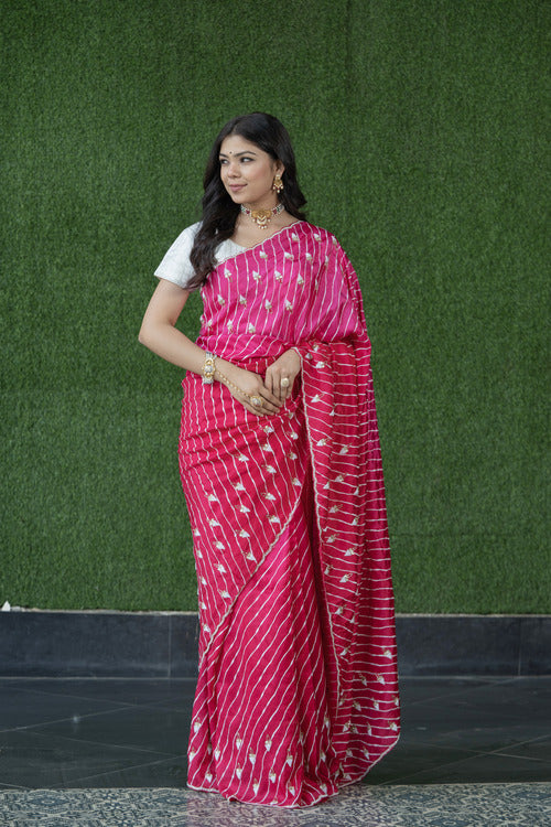 Stylish Rani Peach Silk Saree with Gota Pearl Work