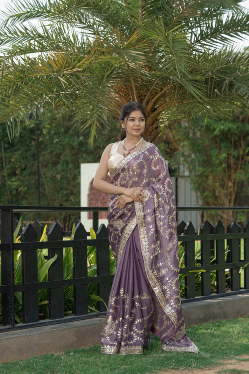 Mof Purple Sumer Silk Gota Pittan Work Saree