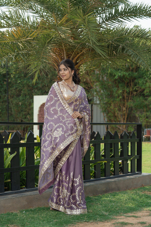 Mof Purple Sumer Silk Gota Pittan Work Saree