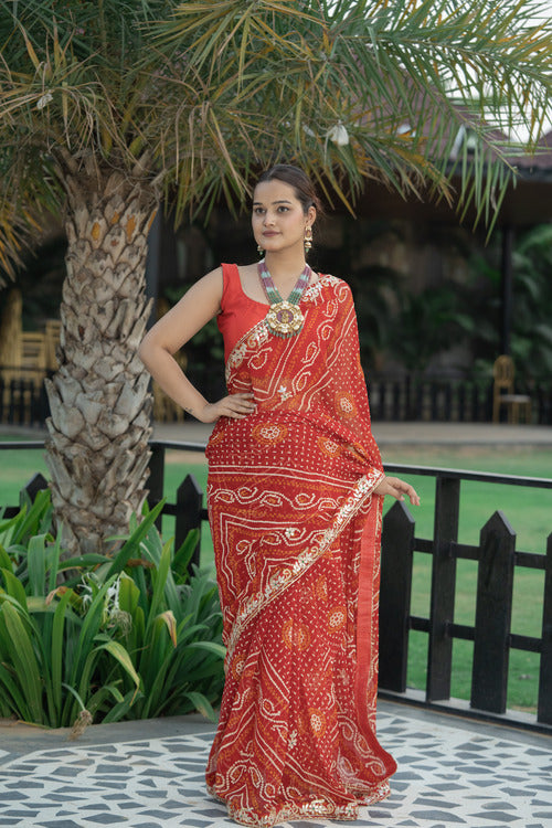 Red Chiffon Gota Aari-Tari Work Saree