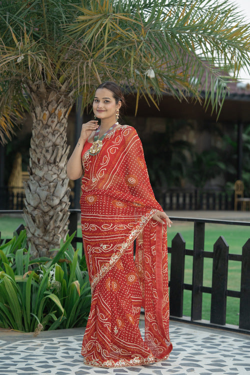 Red Chiffon Gota Aari-Tari Work Saree