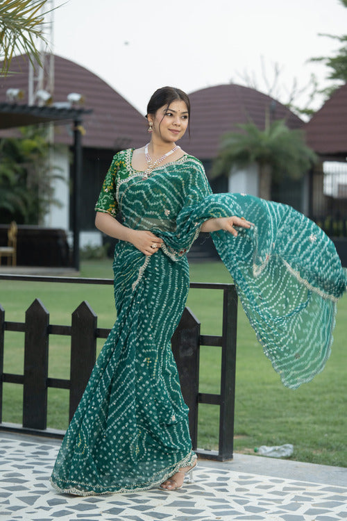 Green Chiffon Zari Patti Saree with Pearl Katdana Gota Work