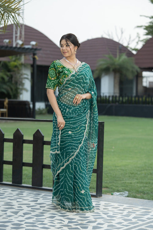 Green Chiffon Zari Patti Saree with Pearl Katdana Gota Work