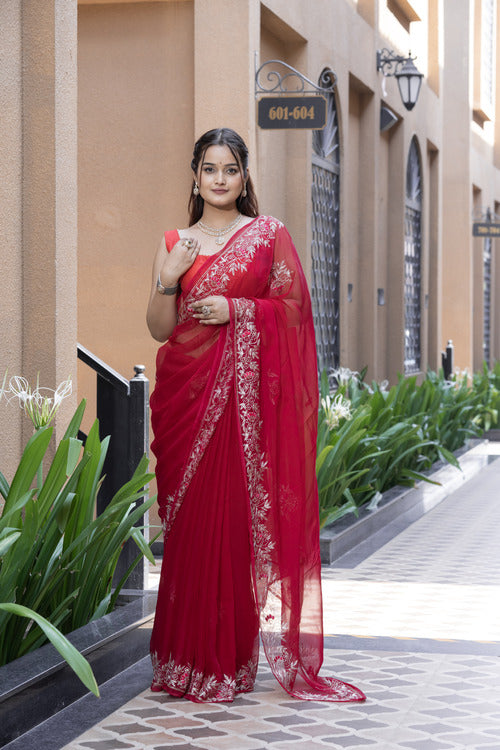 Stylish Rani Chiffon Saree with Beautiful Aari-Tari Work