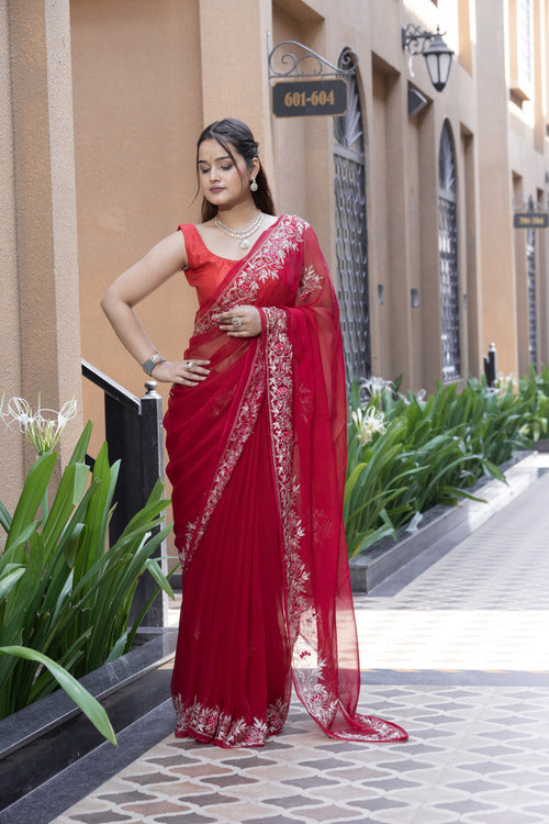 Stylish Rani Chiffon Saree with Beautiful Aari-Tari Work