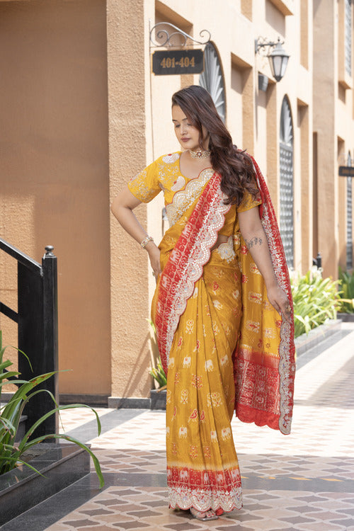 Mustard Red Banarsi Silk Saree