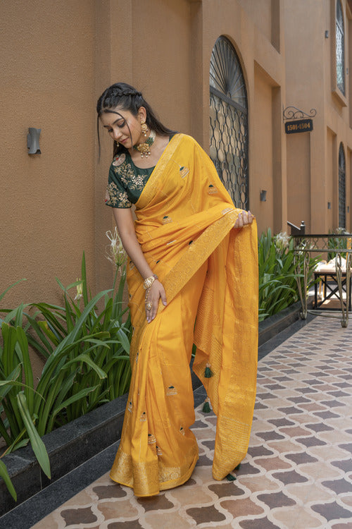 Stylish Mustard Silk Saree with Zari and Katdana Work