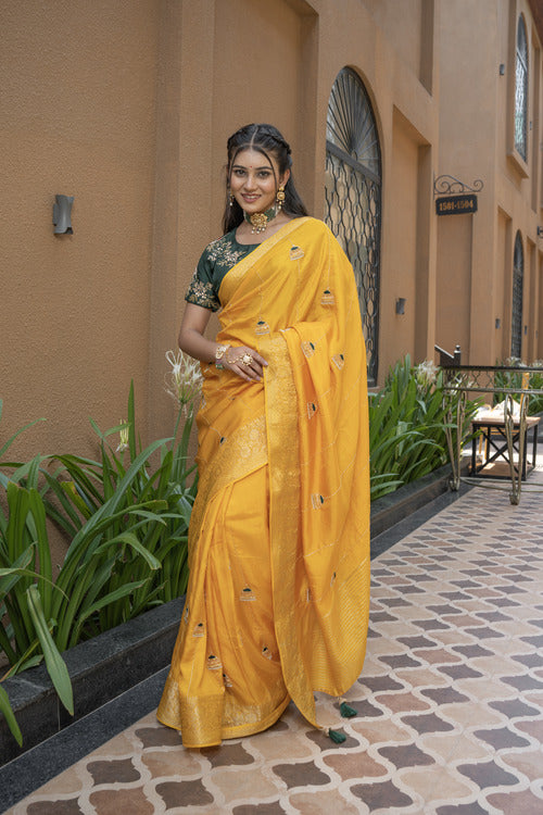 Stylish Mustard Silk Saree with Zari and Katdana Work