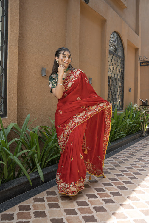 Lovely Red Silk Saree with Pearl Katdana Design