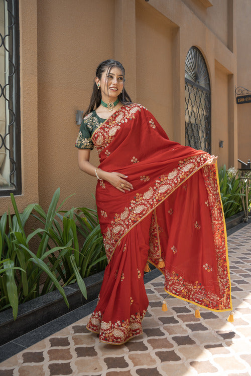 Lovely Red Silk Saree with Pearl Katdana Design