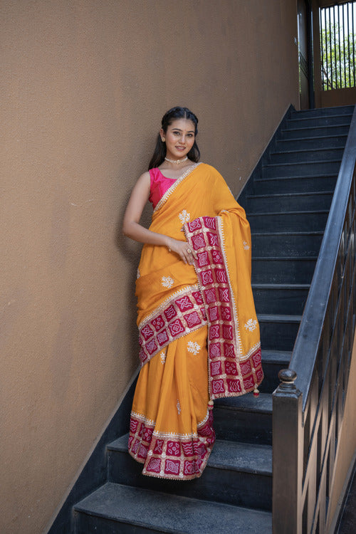 Mustard Silk & Khaddi Gota Work Saree