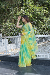 Bright Neon Green Rama Chiffon Saree with Gota Design