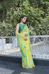 Bright Neon Green Rama Chiffon Saree with Gota Design