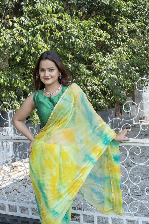 Bright Neon Green Rama Chiffon Saree with Gota Design