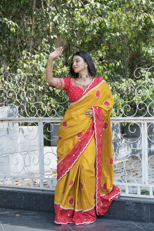 Stylish Mustard-Red Dola Silk Saree