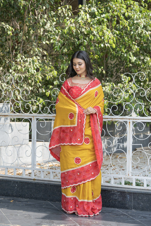 Stylish Mustard-Red Dola Silk Saree